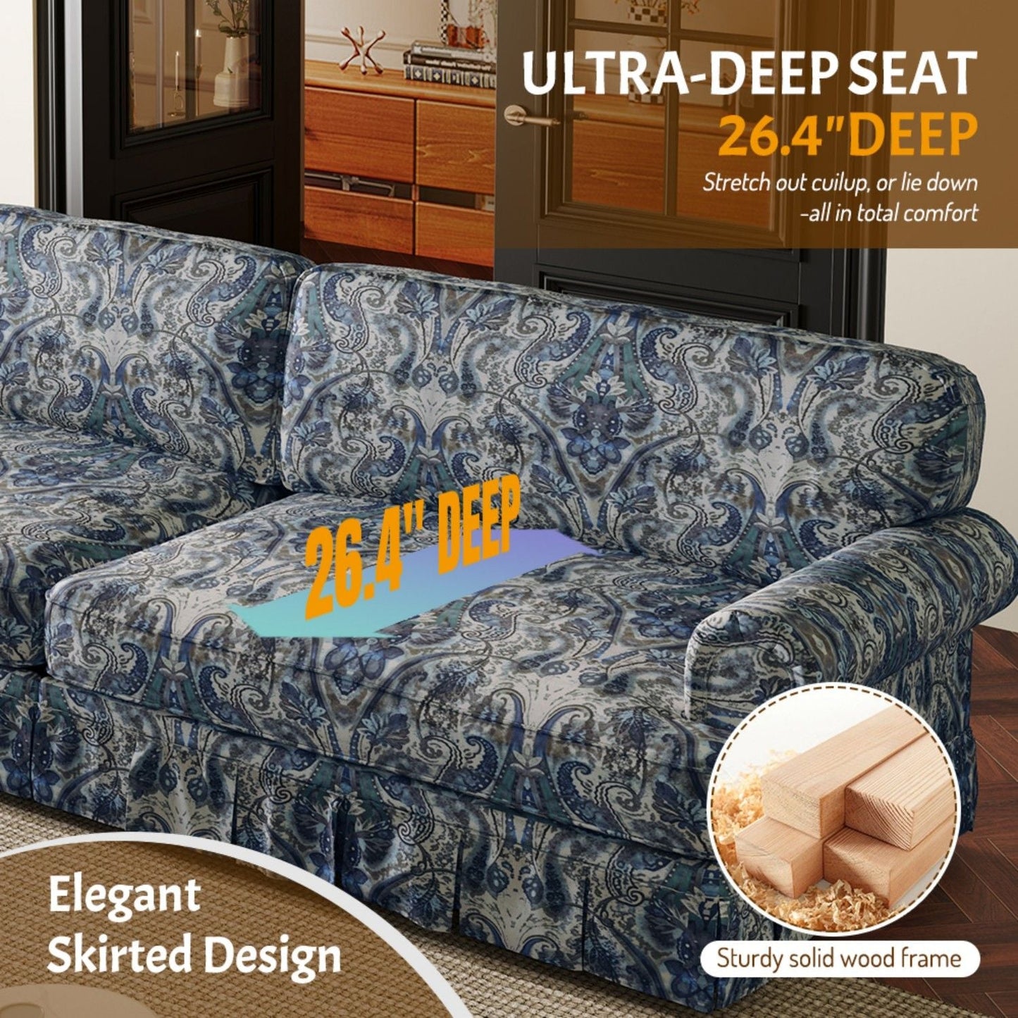 Luxuriously Comfortable Cloud Couch With Elegant Rolled Arms & Pleated Skirt Design