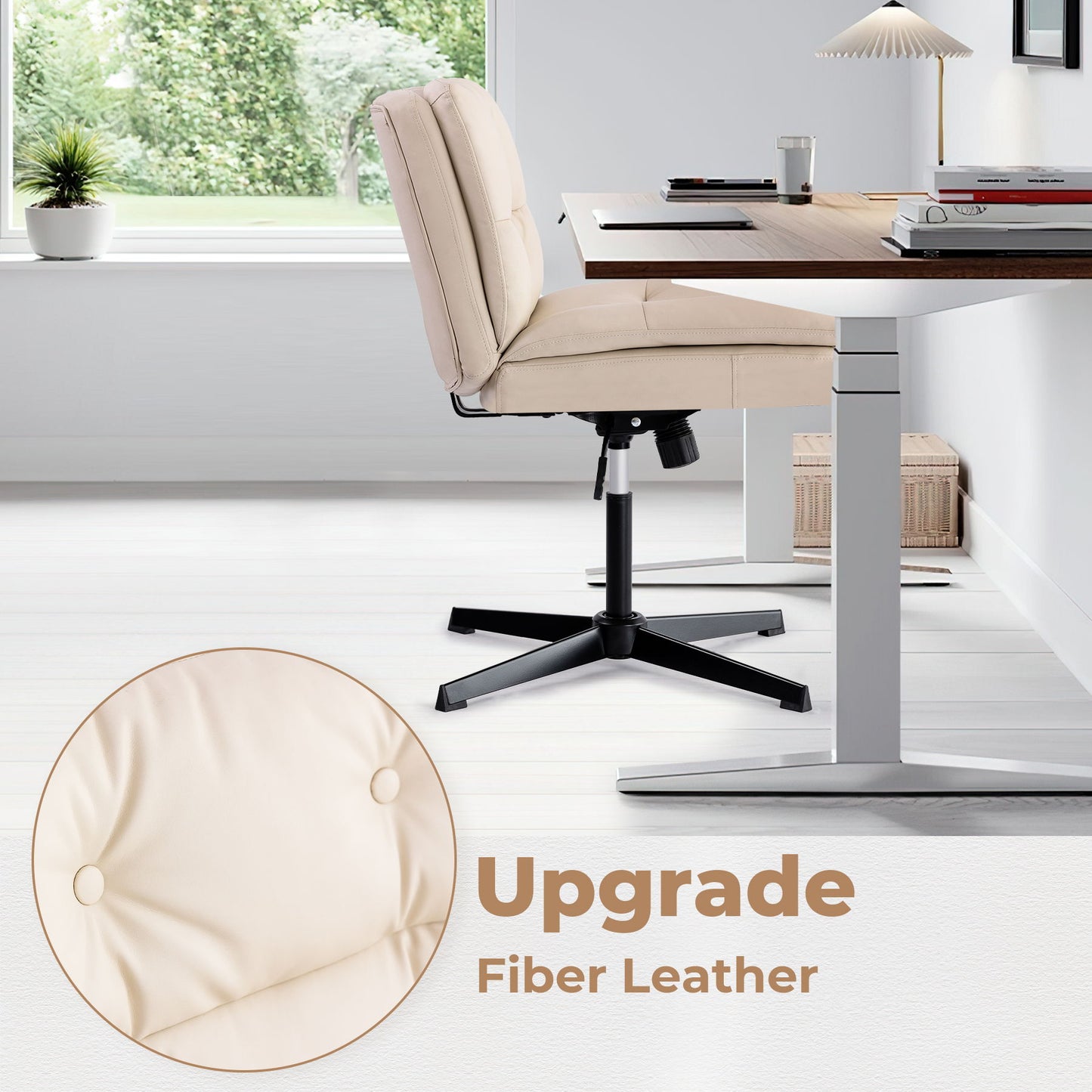 Large Size Armless Home Office Desk Chair Vanity Chair No Wheels - Beige