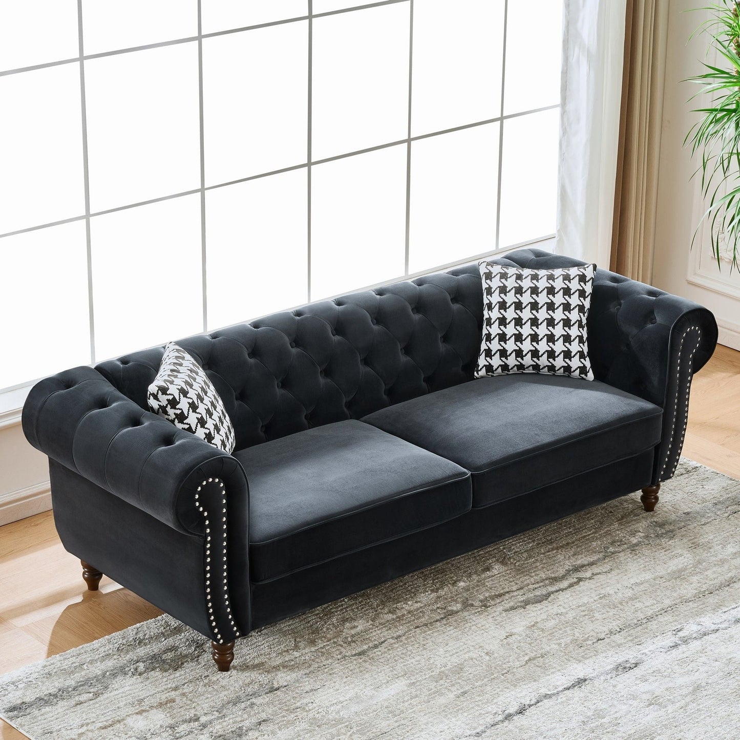 Chesterfield Upholstery Fabric Loveseat With Roll Armrest And Nailhead