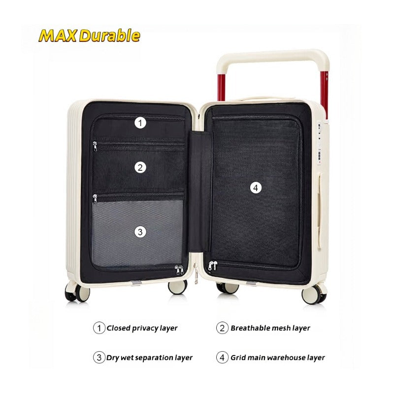 Wide Pull Rod Design Luggage Compartment, Front Open Lid, Stylish Large Capacity Luggage With Foldable Cup Holder And USB Interface