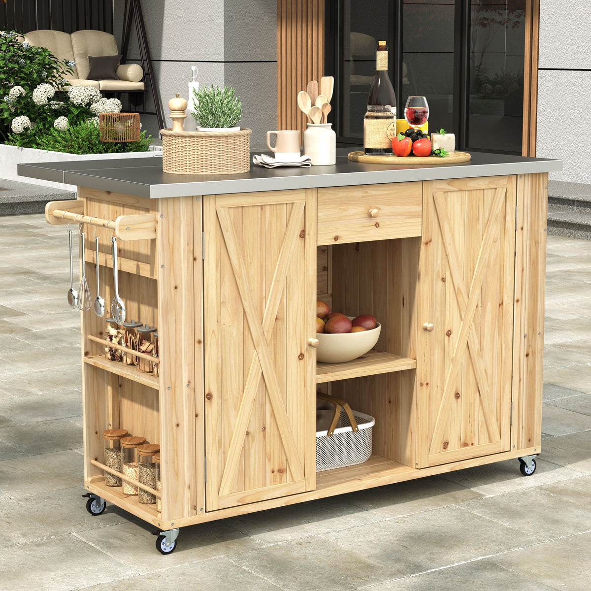 Outdoor Kitchen Island With Stainless Steel Top, Ample Storage Space, Towel And Spice Racks And A Bottle Opener