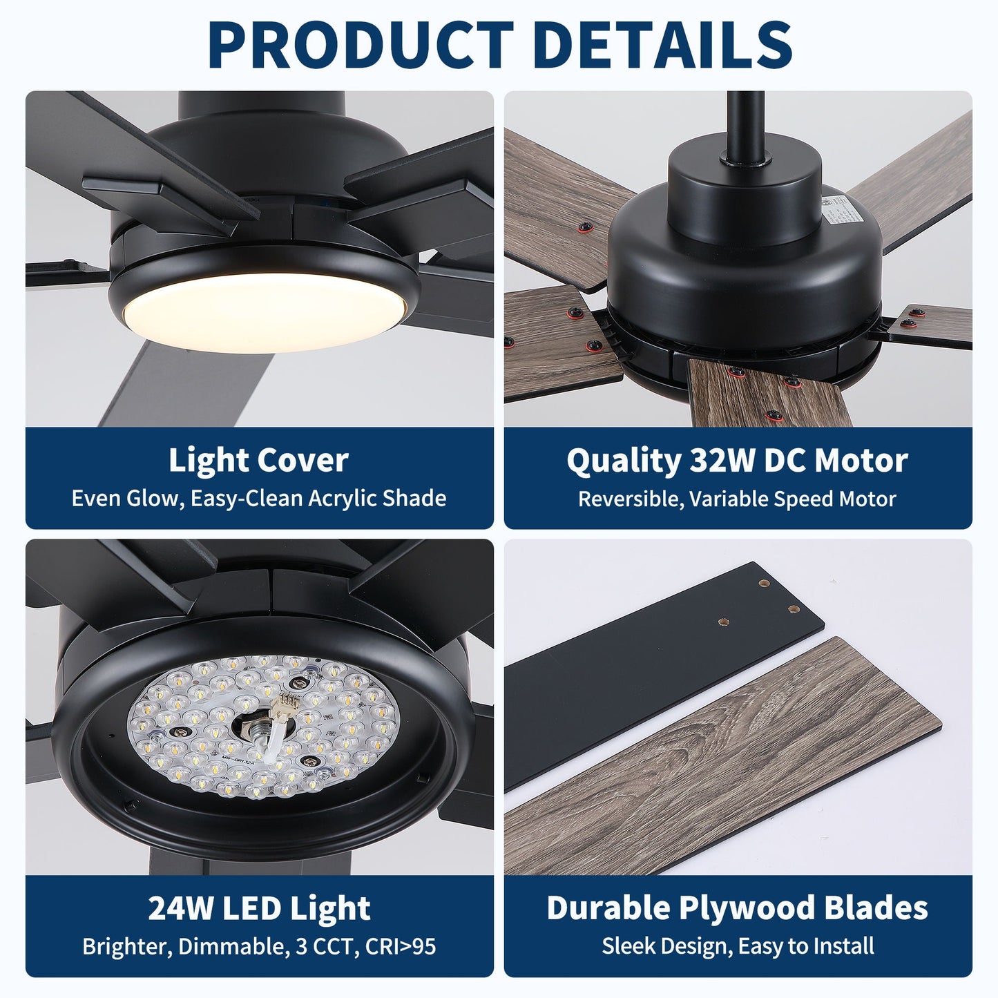 Reversible Motor Integrated LED Dimmable Ceiling Fan With Light