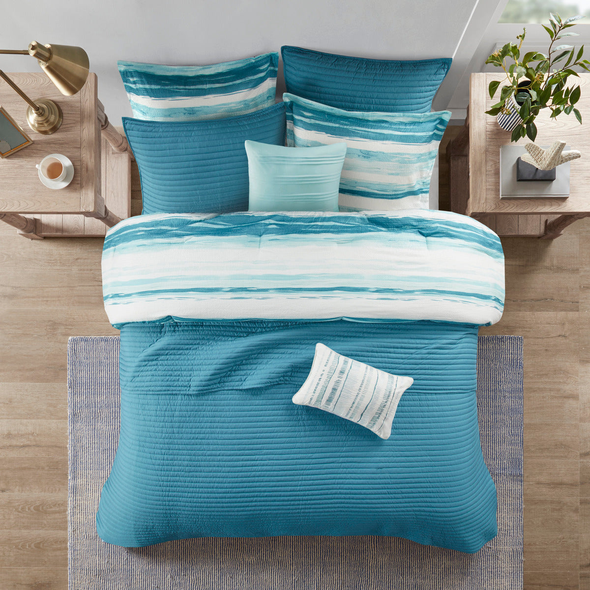 8 Piece Printed Seersucker Comforter and Quilt Set Collection Aqua Full/Queen