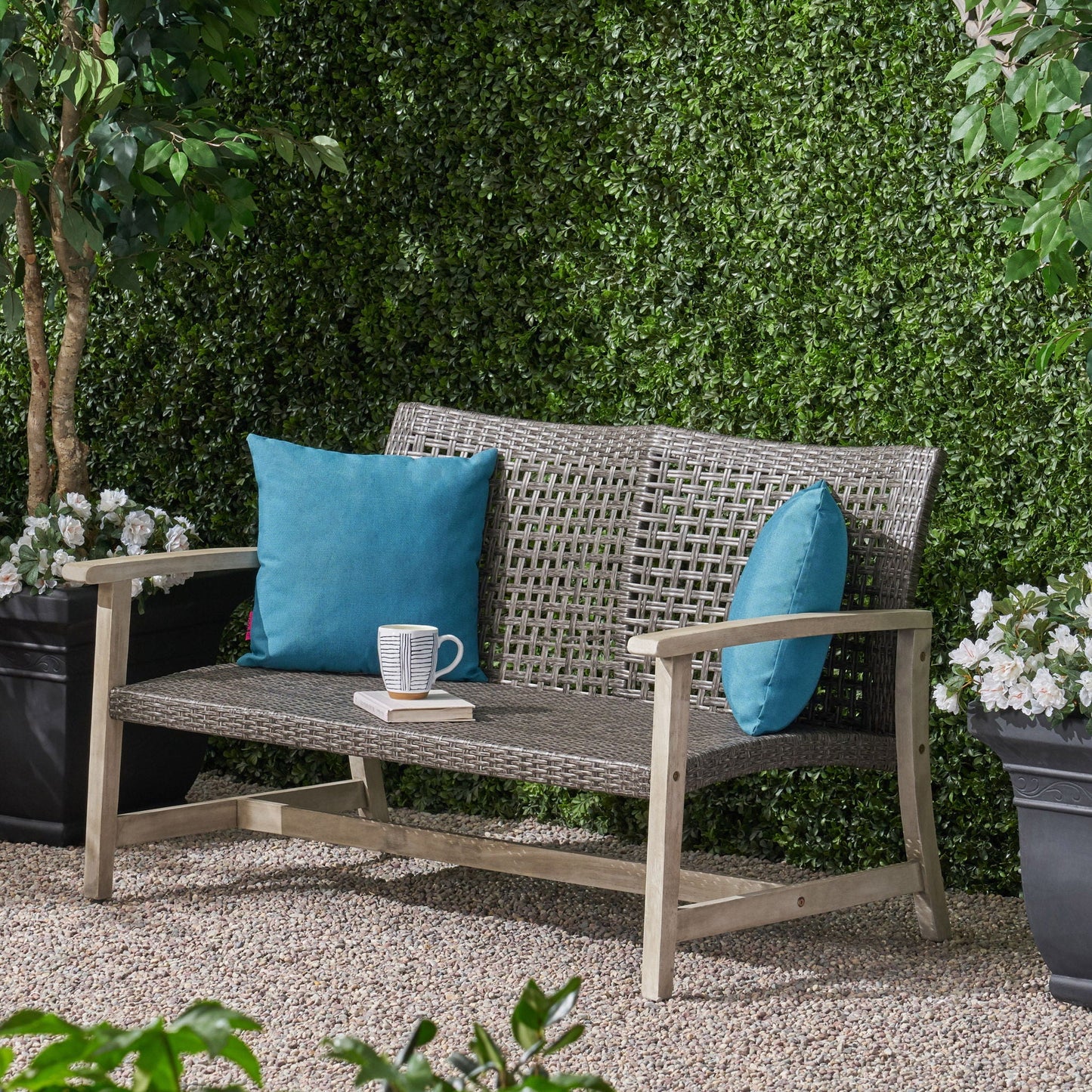 Hampton Outdoor Wood and Wicker Loveseat - Gray