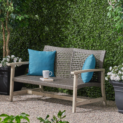Hampton Outdoor Wood and Wicker Loveseat - Gray