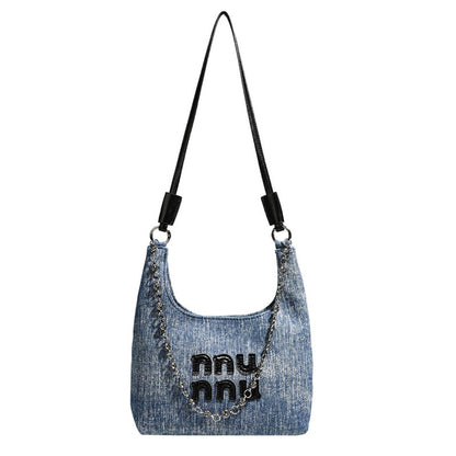 Simple retro small bucket bag, Versatile denim shoulder bag, Chain bag Crossbody bag, slouch hobo purse