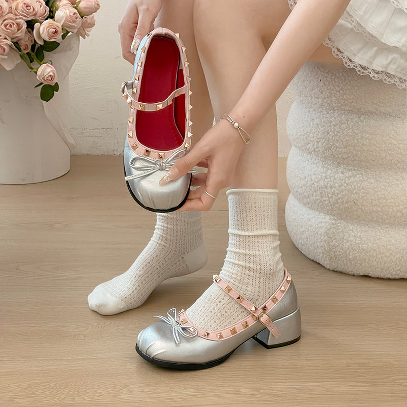 French Ballet Single Shoes Women's Summer 2026 New Style Shallow Bow Fold Rivet Mary Jane Women's Shoes