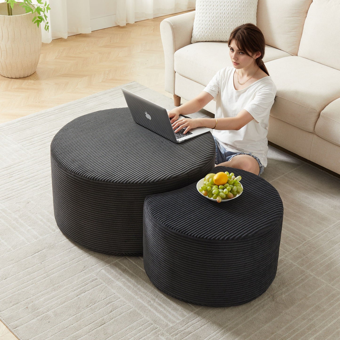 Modern Upholstered Round Coffee Table For Living Room (Set of 2)