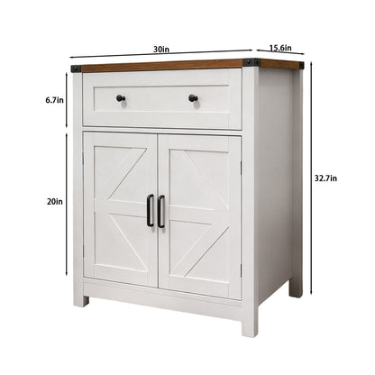 White & Wood-Grain Top Farmhouse Barn-Door Storage Cabinet