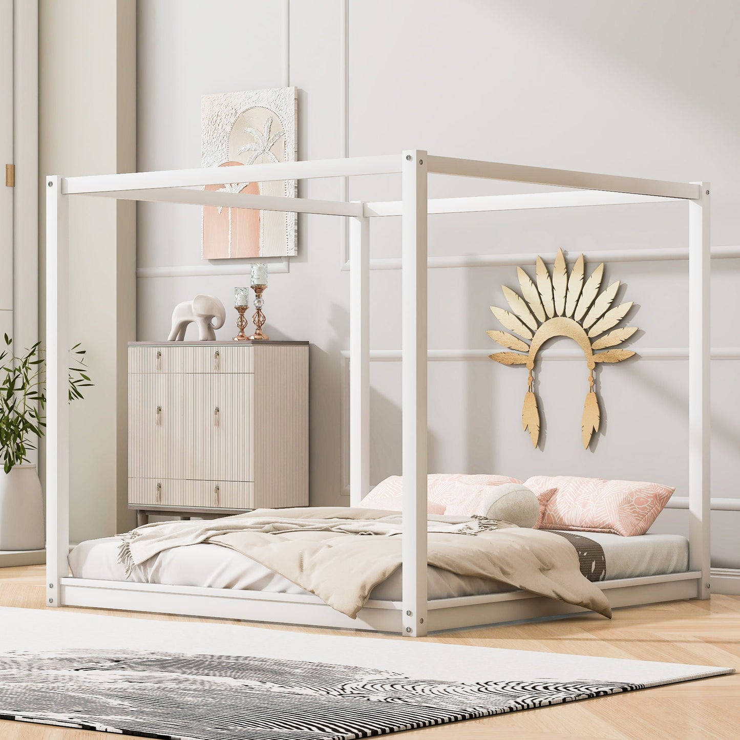 Wood Canopy Platform Bed With Support Legs And Airflow Slats
