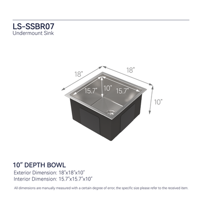 Stainless Steel Kitchen Sink, 18"x18" Single Bowl Undermount