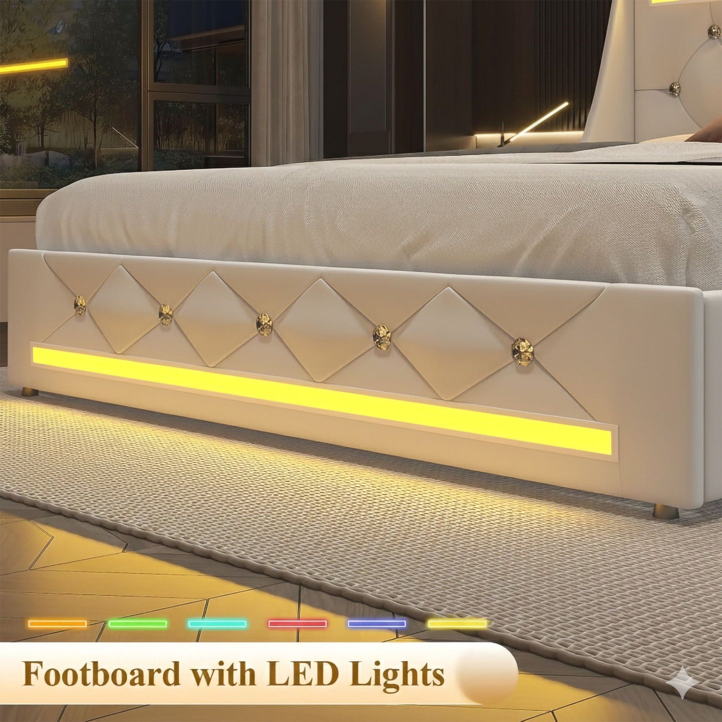 Wingback Upholstered Bed Frame With LED Lights, Charging Station