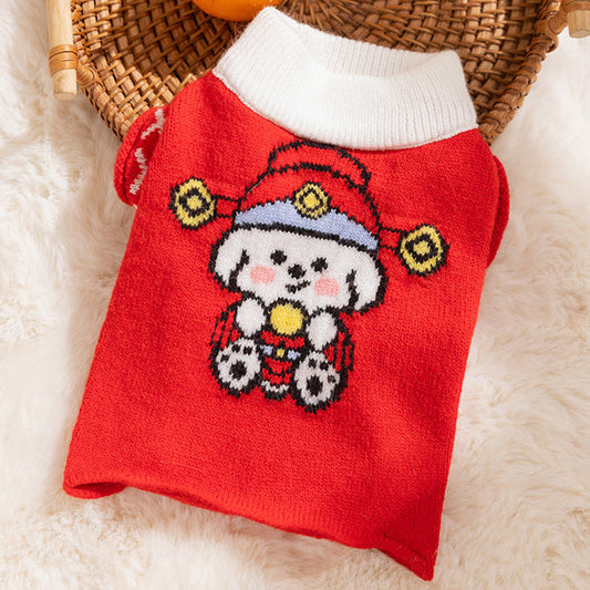 Autumn And Winter Dog Knitted Sweaters, Happy Little Dogs, Prosperous New Year Sweaters, Teddy Bichon Frises, Cat Pet Warm Clothes