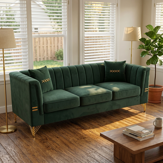 FX-P82-GR3 82.67" Modern Velvet 3-Seater Chesterfield Sofa with 2 Pillows