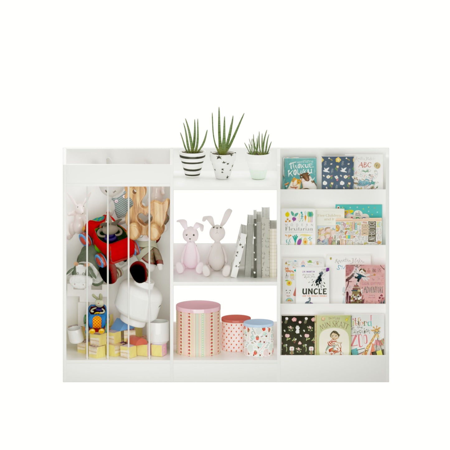 Bookshelf And Toy Storage, 3 Tier Montessori Bookcase With Stuffed Animal Organizer - White