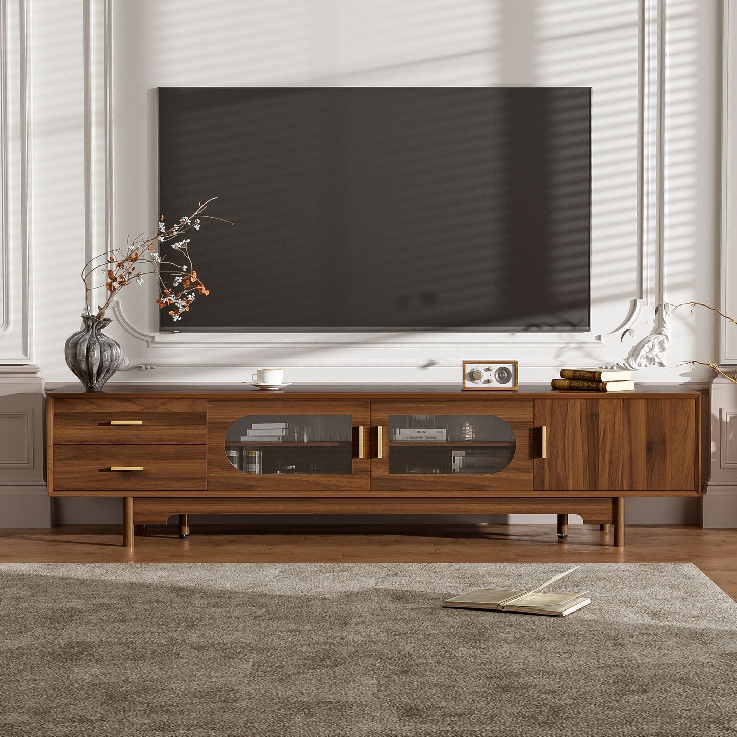 Modern TV Stand With Fluted Glass Doors & 2 Drawers