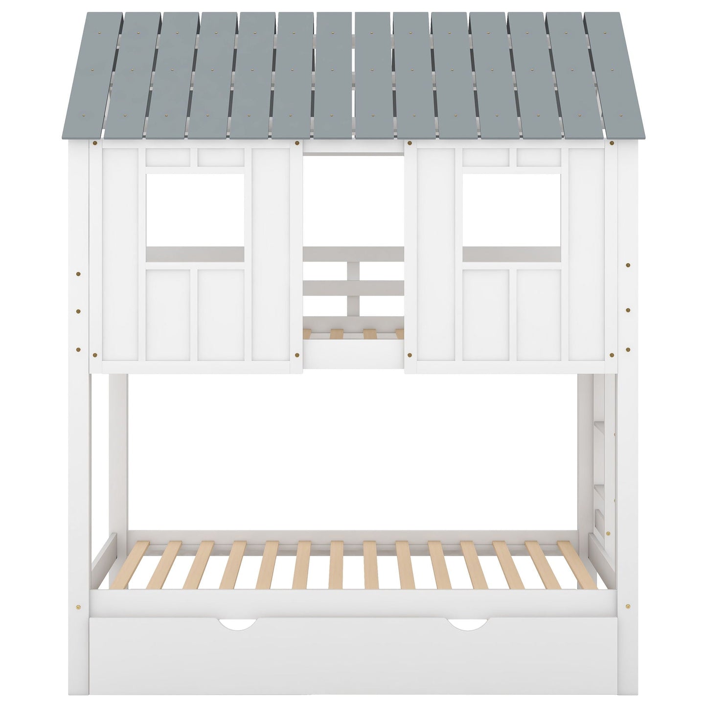 Twin Size House Bunk Bed With Trundle, Roof And Windows - White / Gray