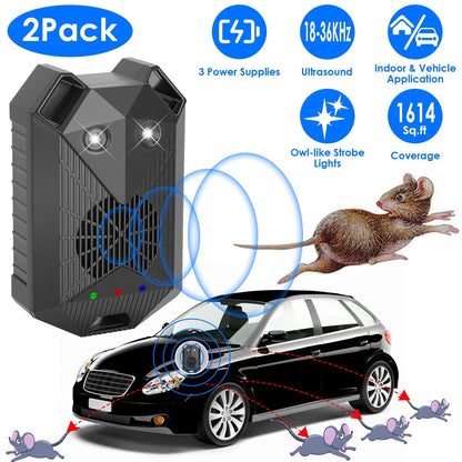 2 Pack Under Hood Ultrasonic Rodent Repeller Rodent Control Deterrent Chaser Blocker for Vehicle Indoor with Strobe Light 3 Power Supplies