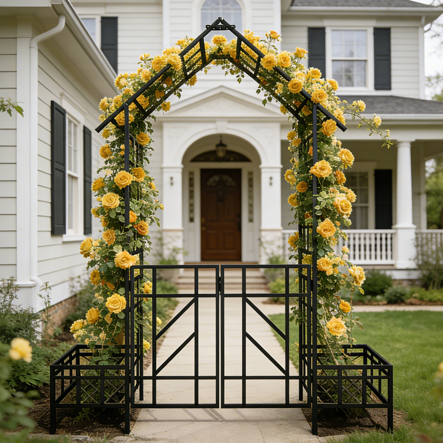 Metal Garden Arch with Gate and Planter for Climbing Plants