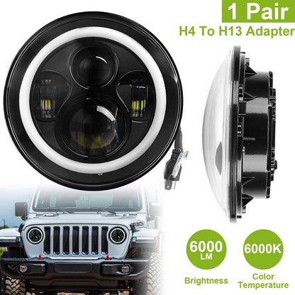 2 X 7" 6000LM Round LED Headlight Halo Angel Eyes for Jeep Wrangler TJ JK CJ w/H4 to H13 Adapter Plug and Play