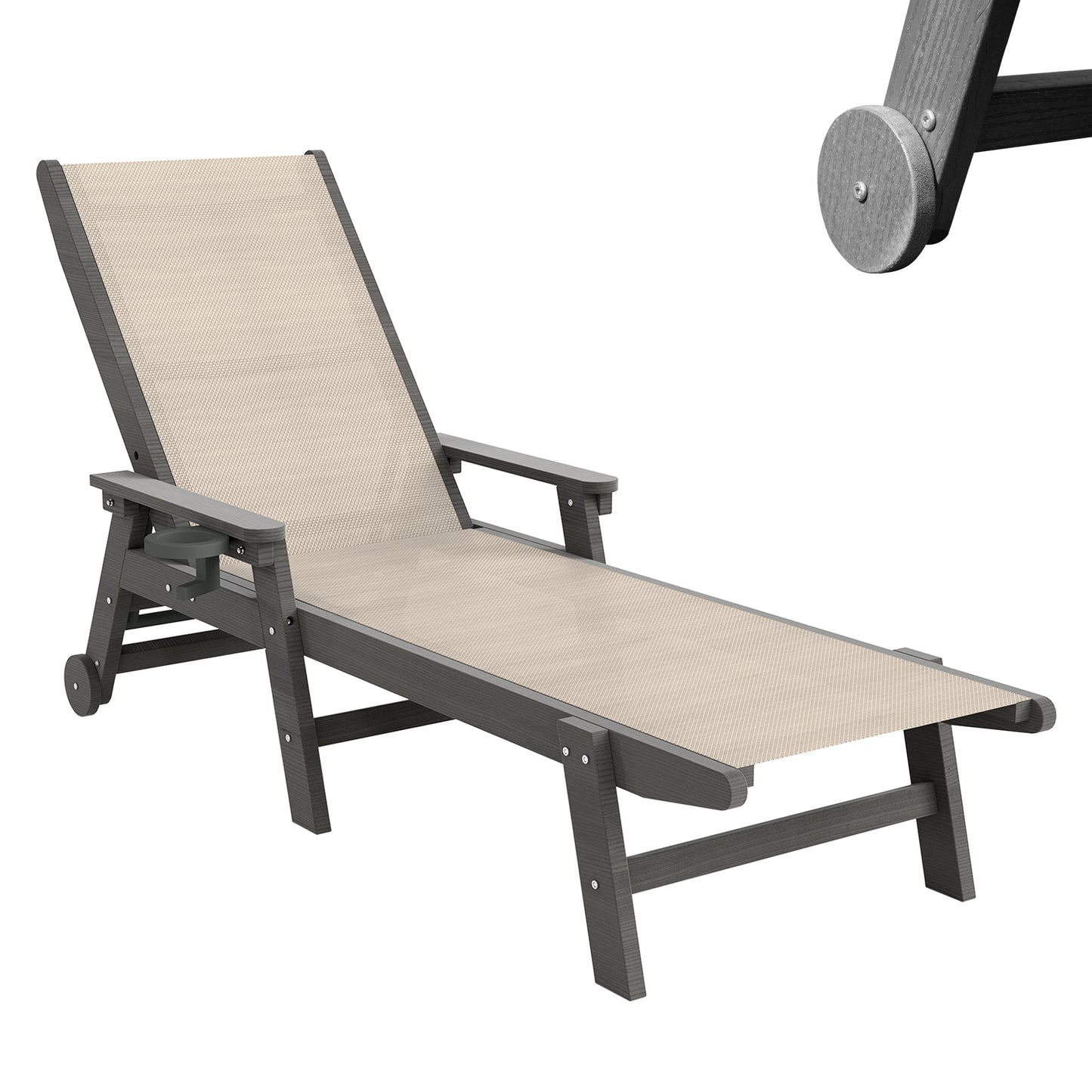 Lounge Chair Outdoor, HDPE Chaise Lounge with Wheels and Adjustable Recliner