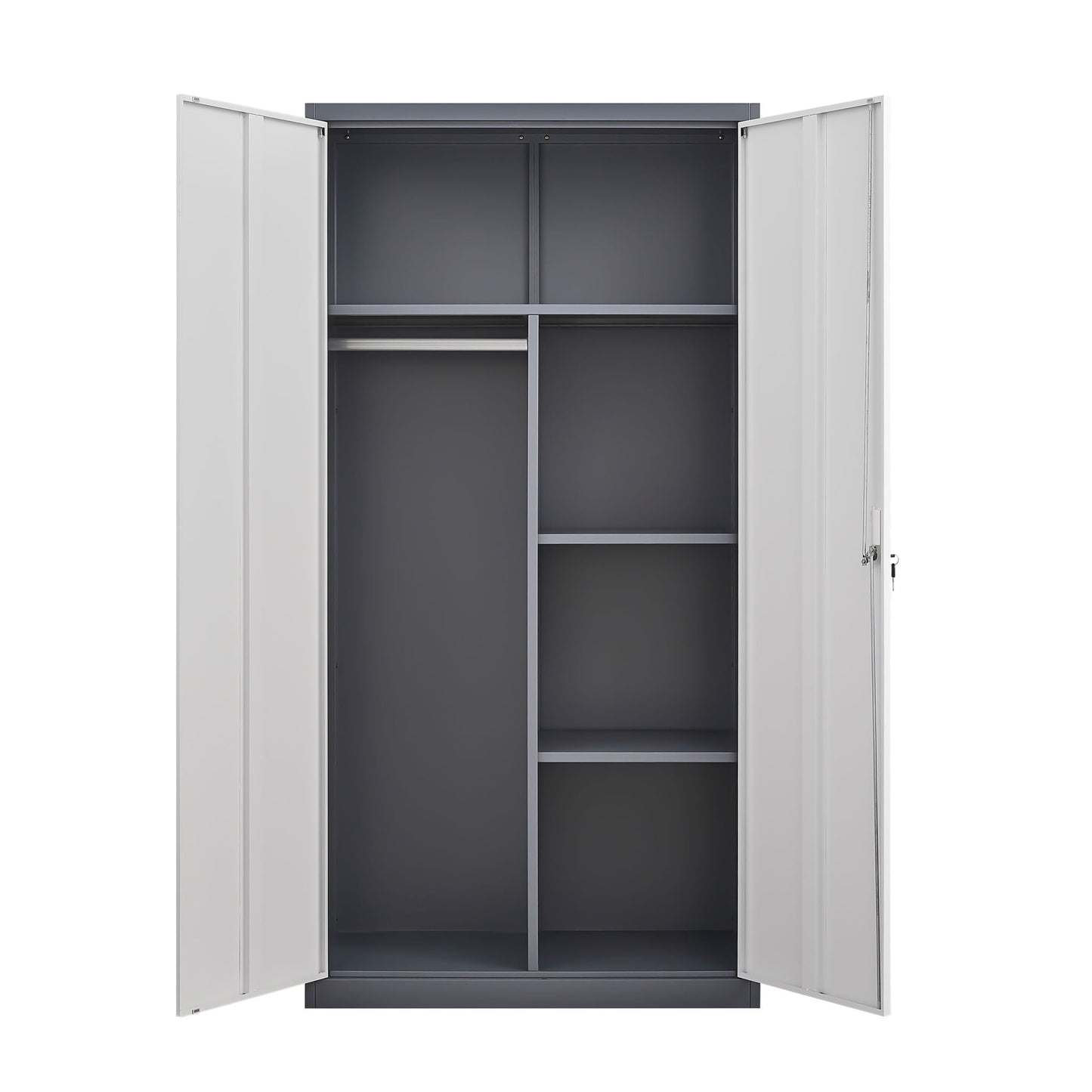 Wardrobe With Hanging Rod And Compartments, Lockable Closet With Locks & Keys For Bedroom - Gray