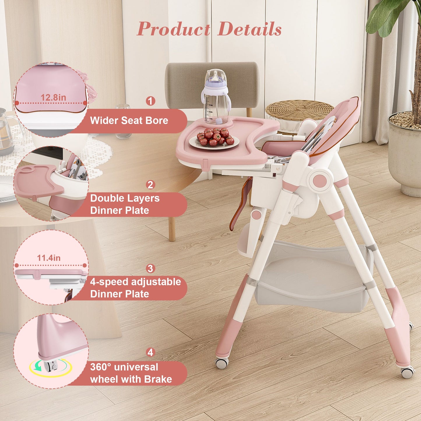Adjustable Baby High Chair 0-6 Years – Portable Infant Feeding Seat (Pink)