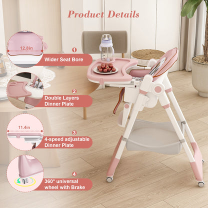 Adjustable Baby High Chair 0-6 Years – Portable Infant Feeding Seat (Pink)