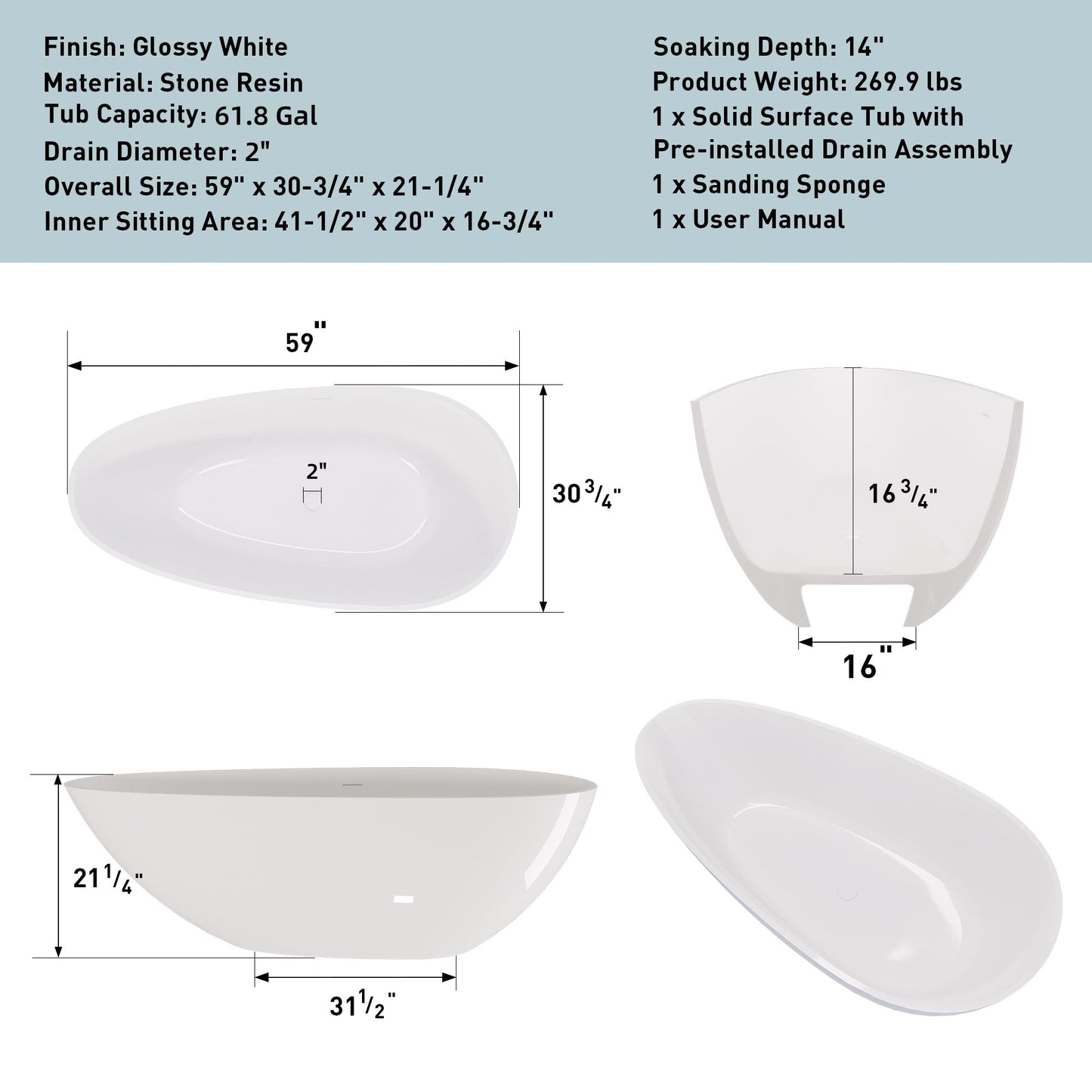59" Freestanding Solid Surface Bathtub