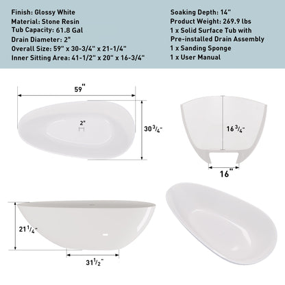 59" Freestanding Solid Surface Bathtub