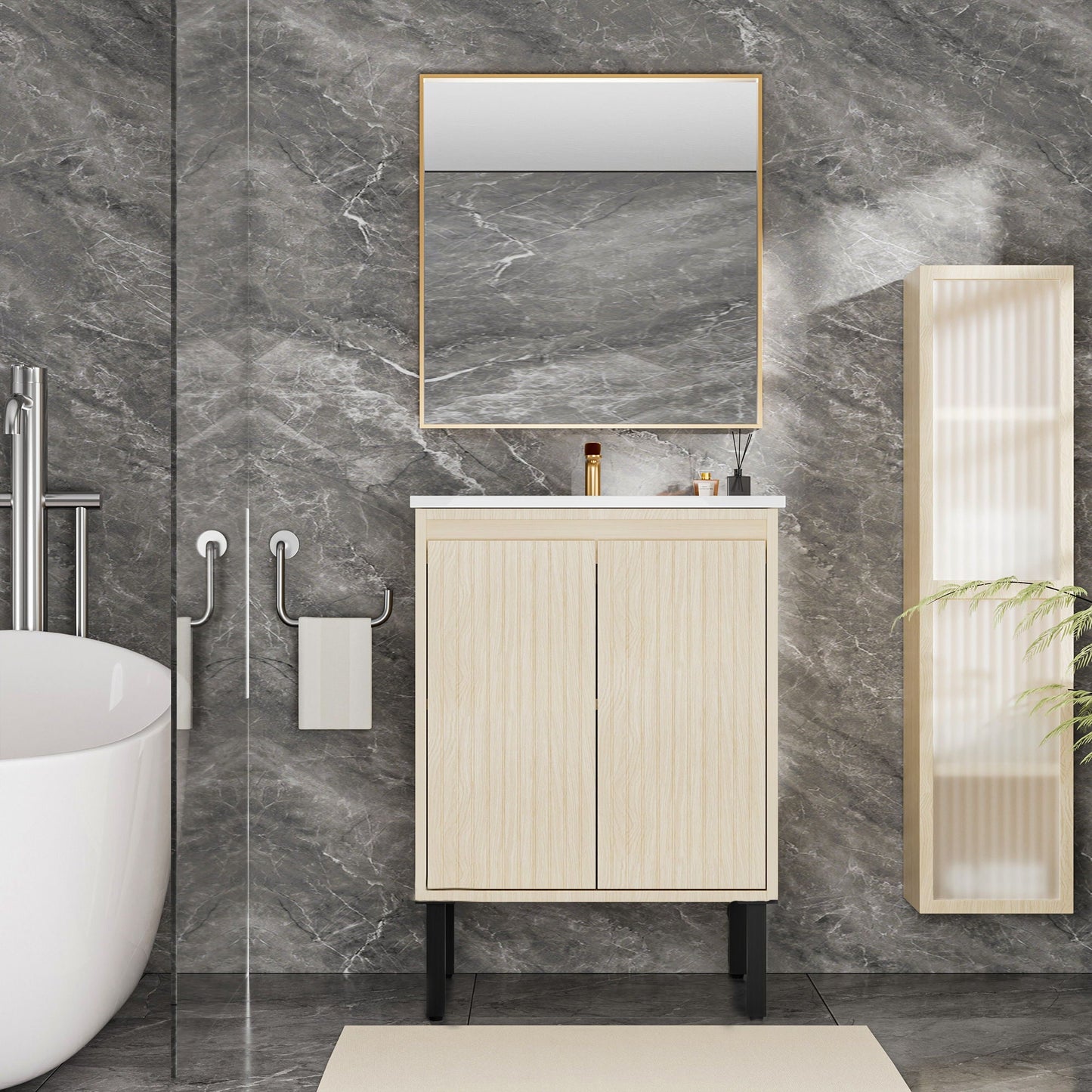 Bathroom Vanity With Ceramic Sink, Floor-Standing Design, Soft-Closing Drawers