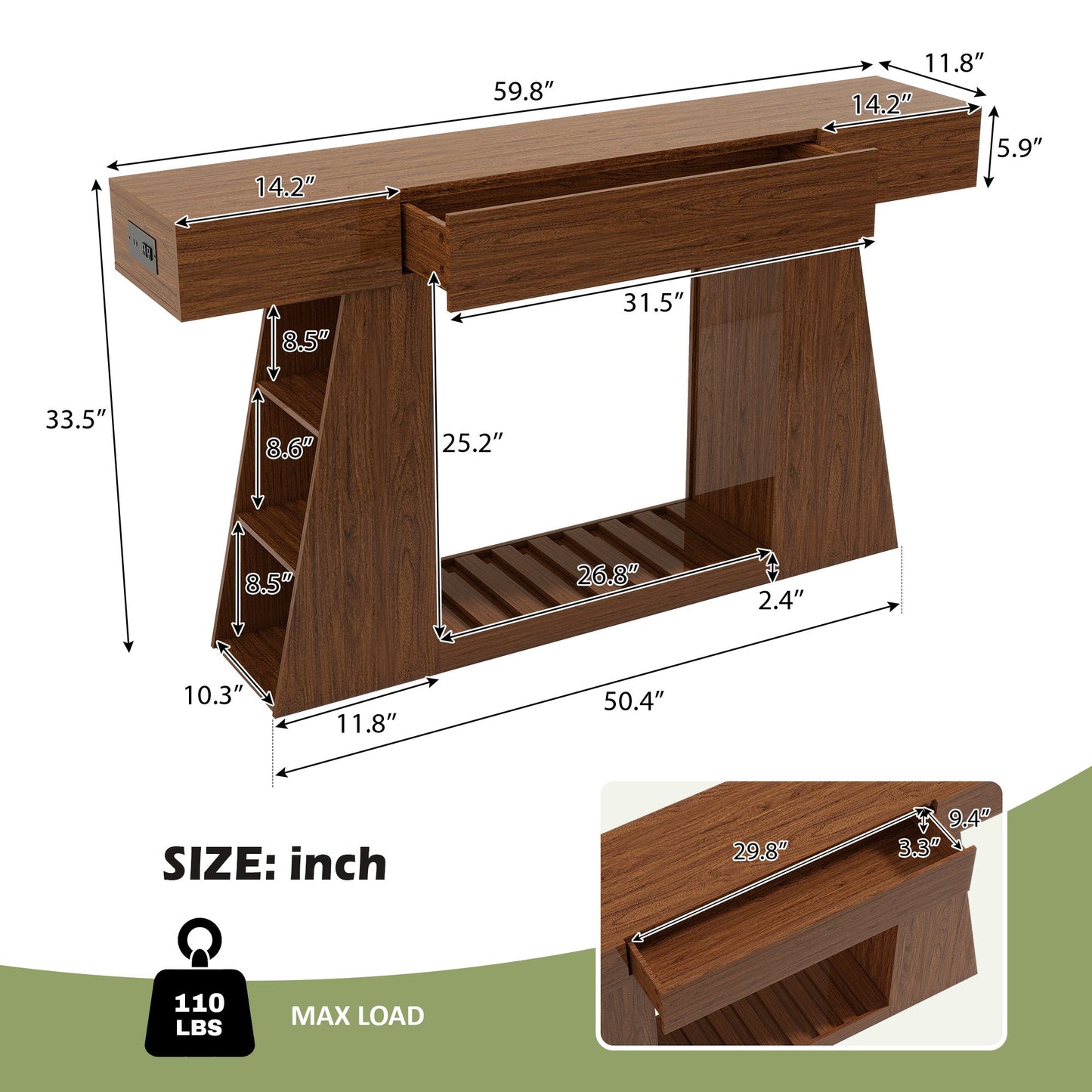 60 Inch Narrow Console Table with Built-in Power Outlet