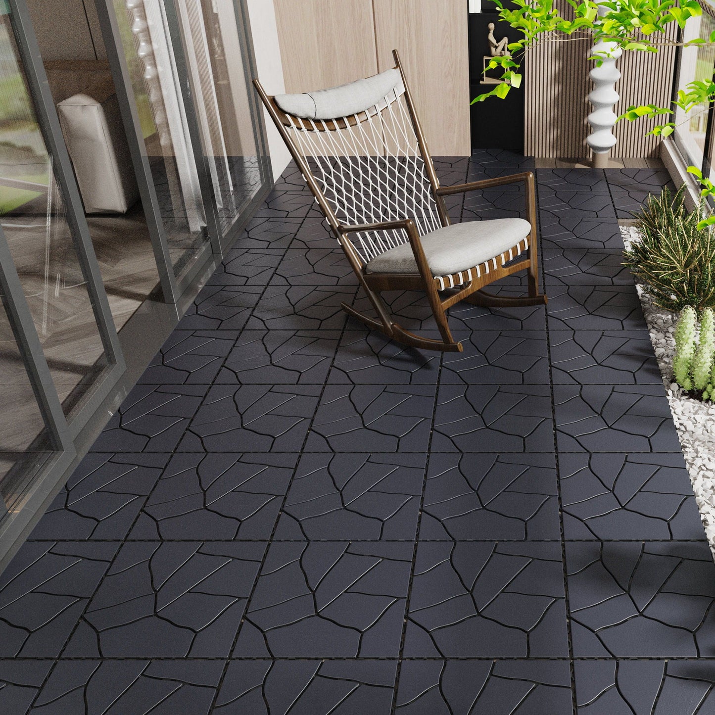 Stone Style Patio Deck Tiles For Porch (Set of 44) - Gray
