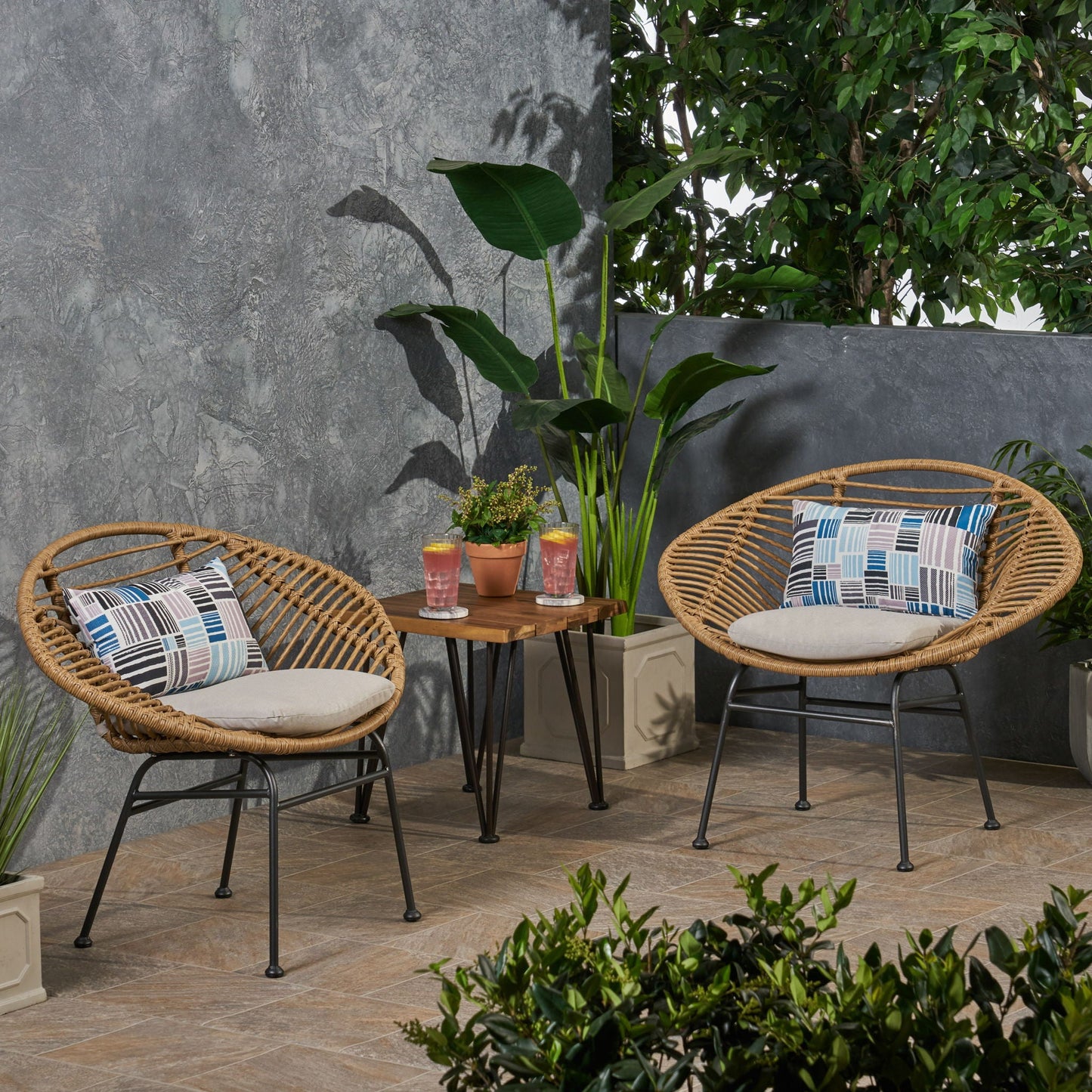 Cordella Outdoor Woven Wicker Chairs with Cushions, Set of 2