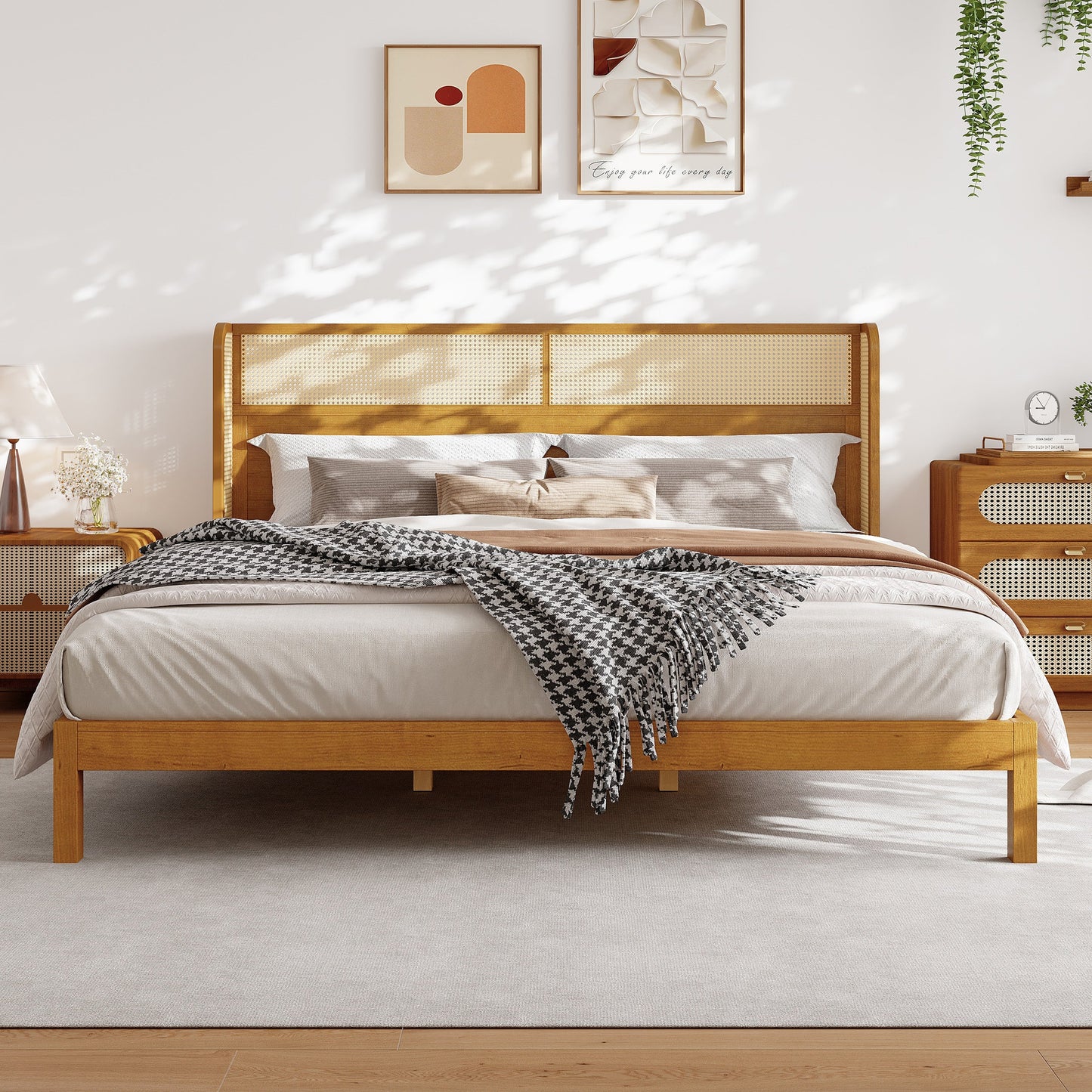 Premium Rubber Wood Platform Bed Frame with Headboard