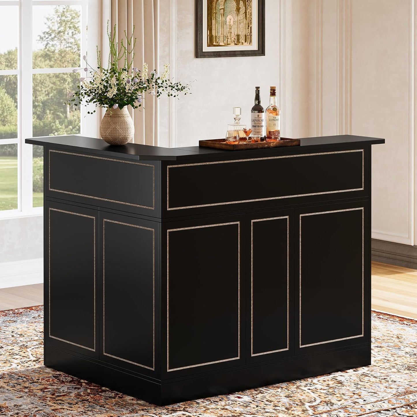 L-Shaped Home Bar Cabinet With Stemware Racks, 4 Tier Corner Unit, Liquor Wine Bar Table & Reception Desk For Home Pub - Black