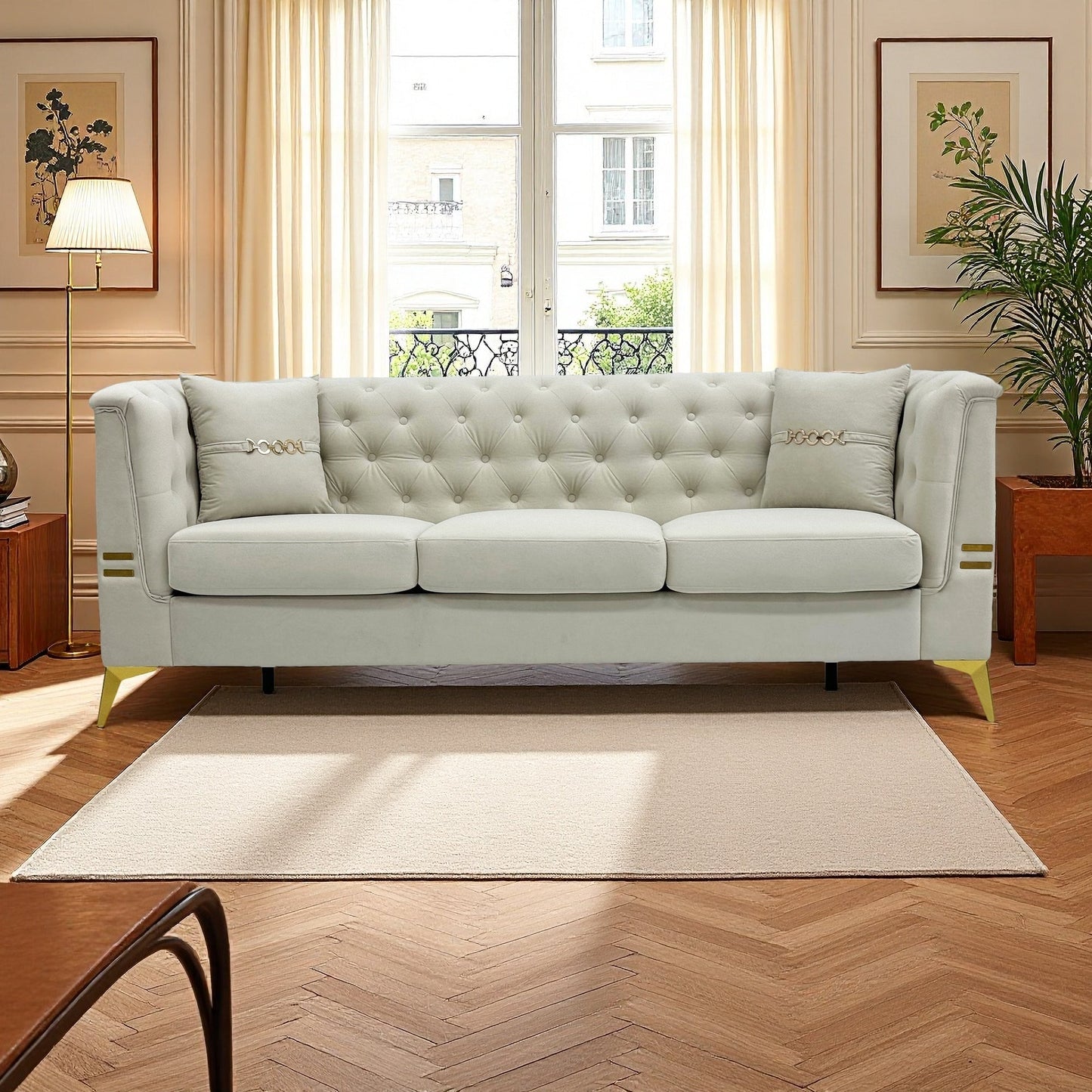 Modern Tufted Velvet Sofa with Gold Accents, 3-Seater