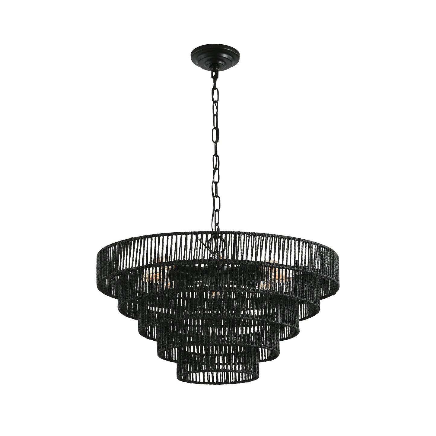 24' Rustic 5-Tier Black Hemp Rope Pendant Light Chandelier