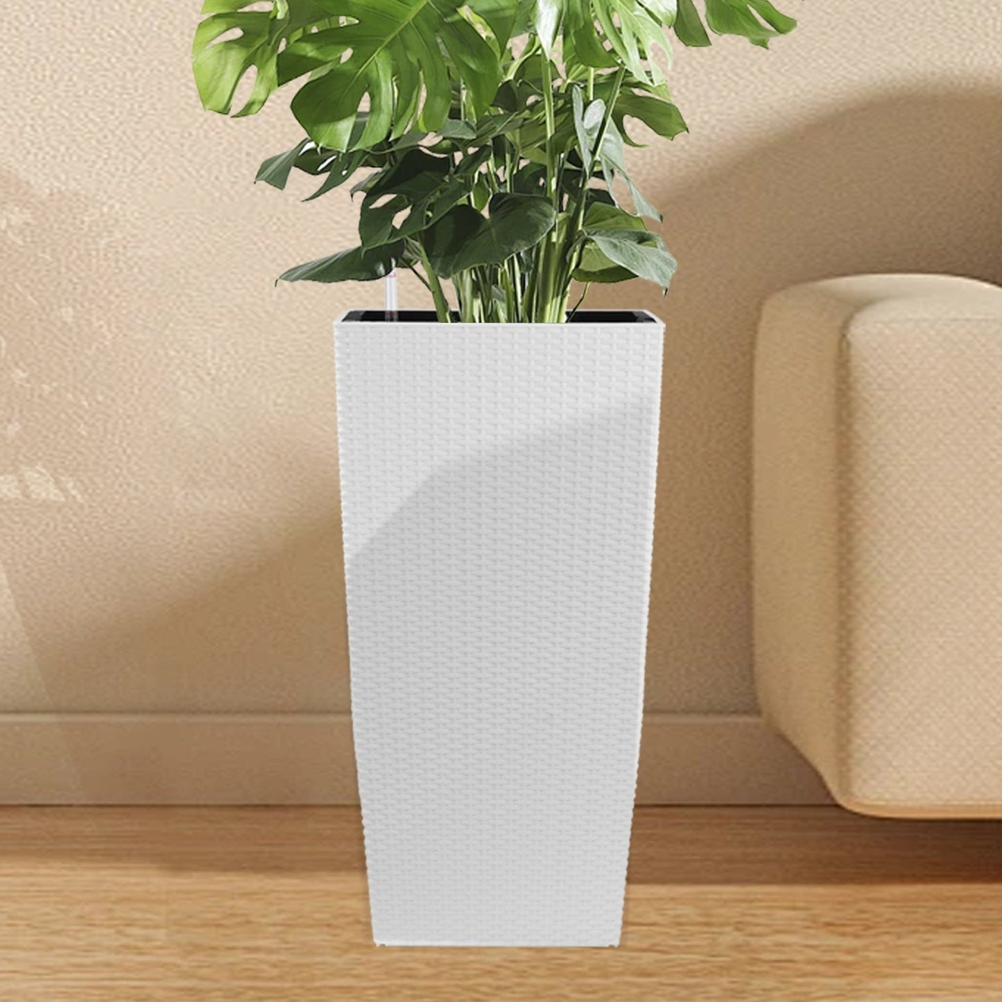 Indoor/Outdoor Modern Faux Rattan Design Square Planter, 22.6 inch White Plastic Large Planter with Automatic Watering System for Home and Garden (White, 22.6 inch - 2 Pack)