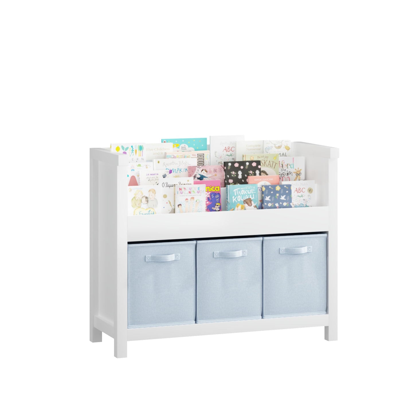 Bookshelf With 3 Tier Front Facing Storage And 3 Bins, Toddler Bookcase For Playroom - White