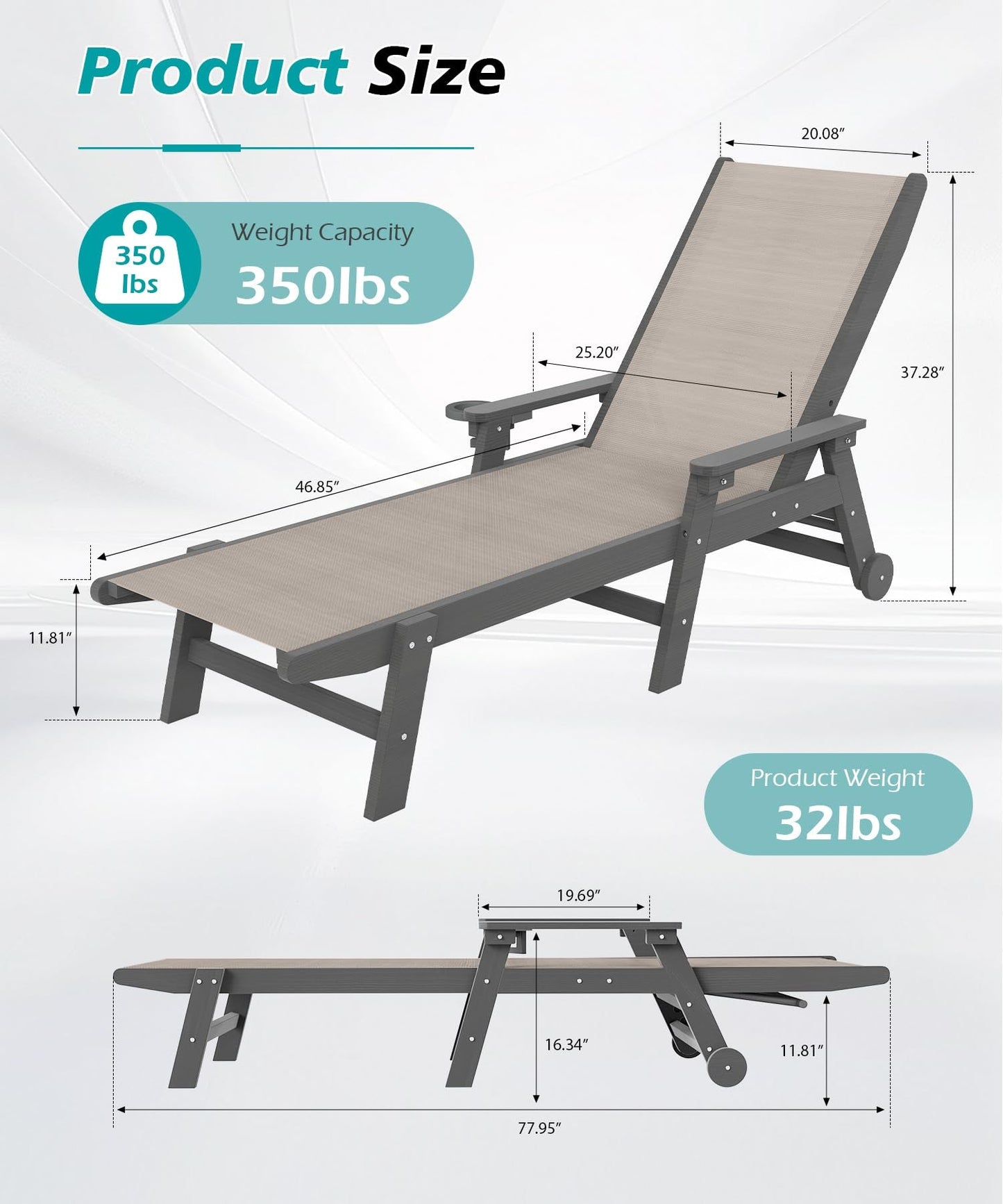 Lounge Chair Outdoor, HDPE Chaise Lounge with Wheels and Adjustable Recliner