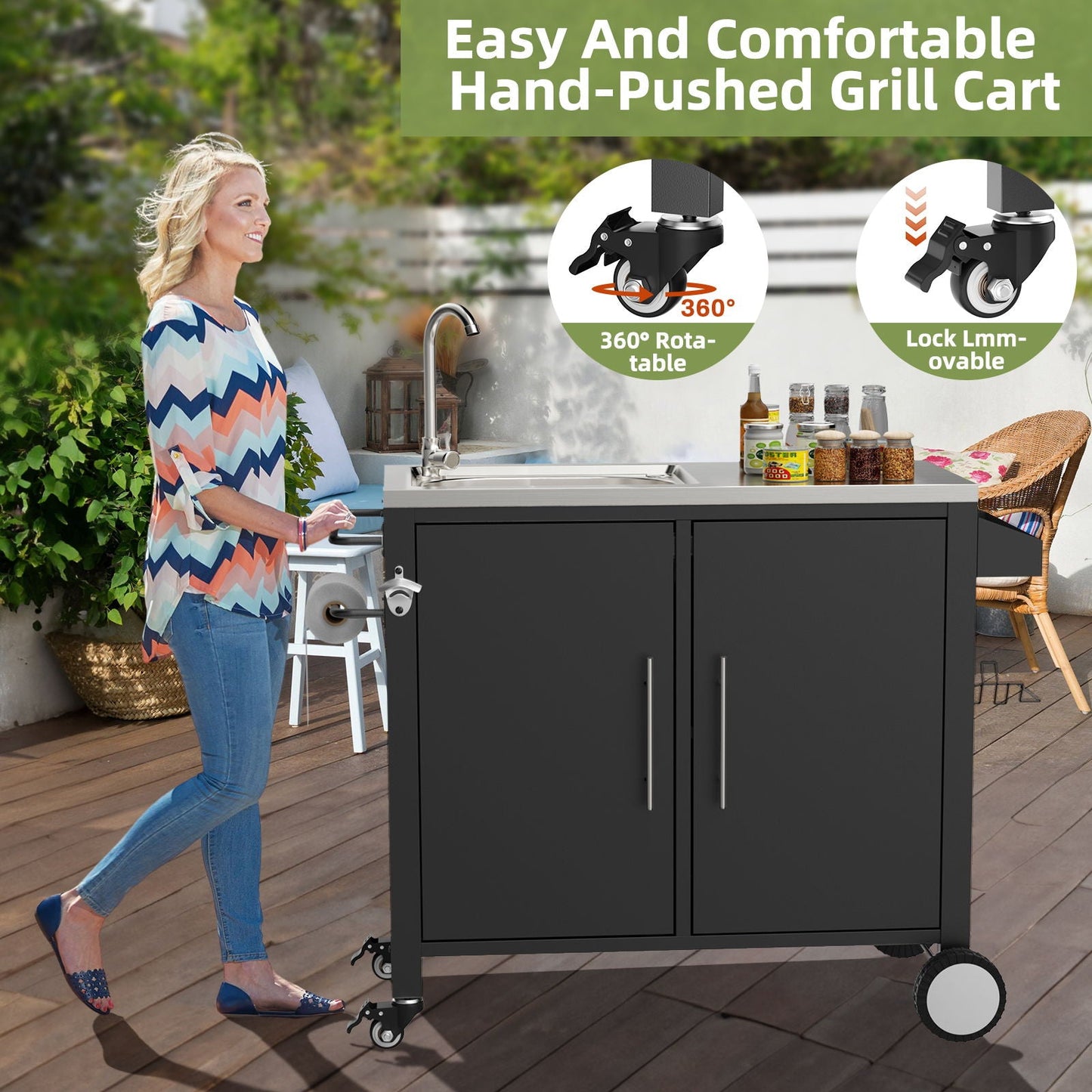 Outdoor Grill Table With Sink, Grill Cart With Sink And Cabinet With Wheels - Black / Silver