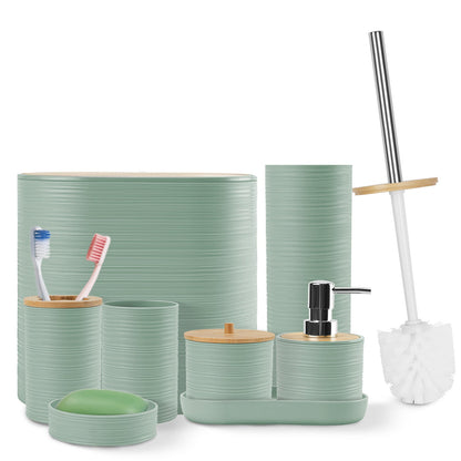 8Pcs Bathroom Accessories Set Bathroom Holder Set with Soap Dispenser Toothbrush Holder Cup Soap Dish Toilet Cleaning Brush Trash Can Qtip Holder Vani