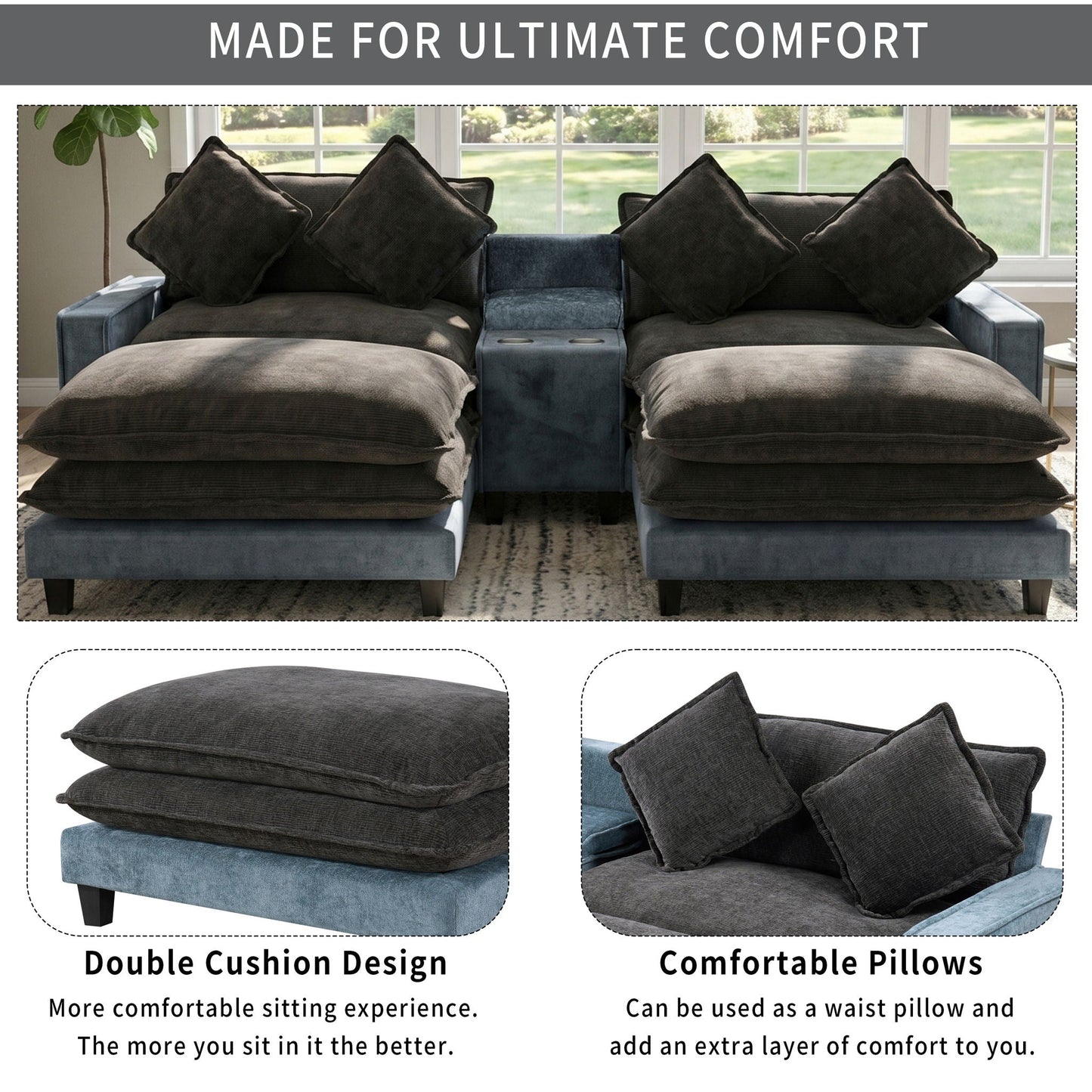 Sectional Sofa With Removable Ottomans, USB Ports, Cup Holders & Storage - Gray / Light Blue