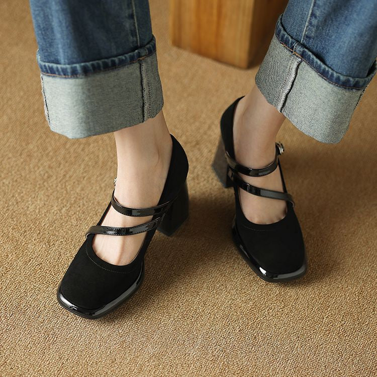 French Square Toe Mary Jane Shoes For Children's Spring 2025 New Style, Thick Heel Cross With Shallow Mouth High Heels, Worn As A Single Shoe Outside