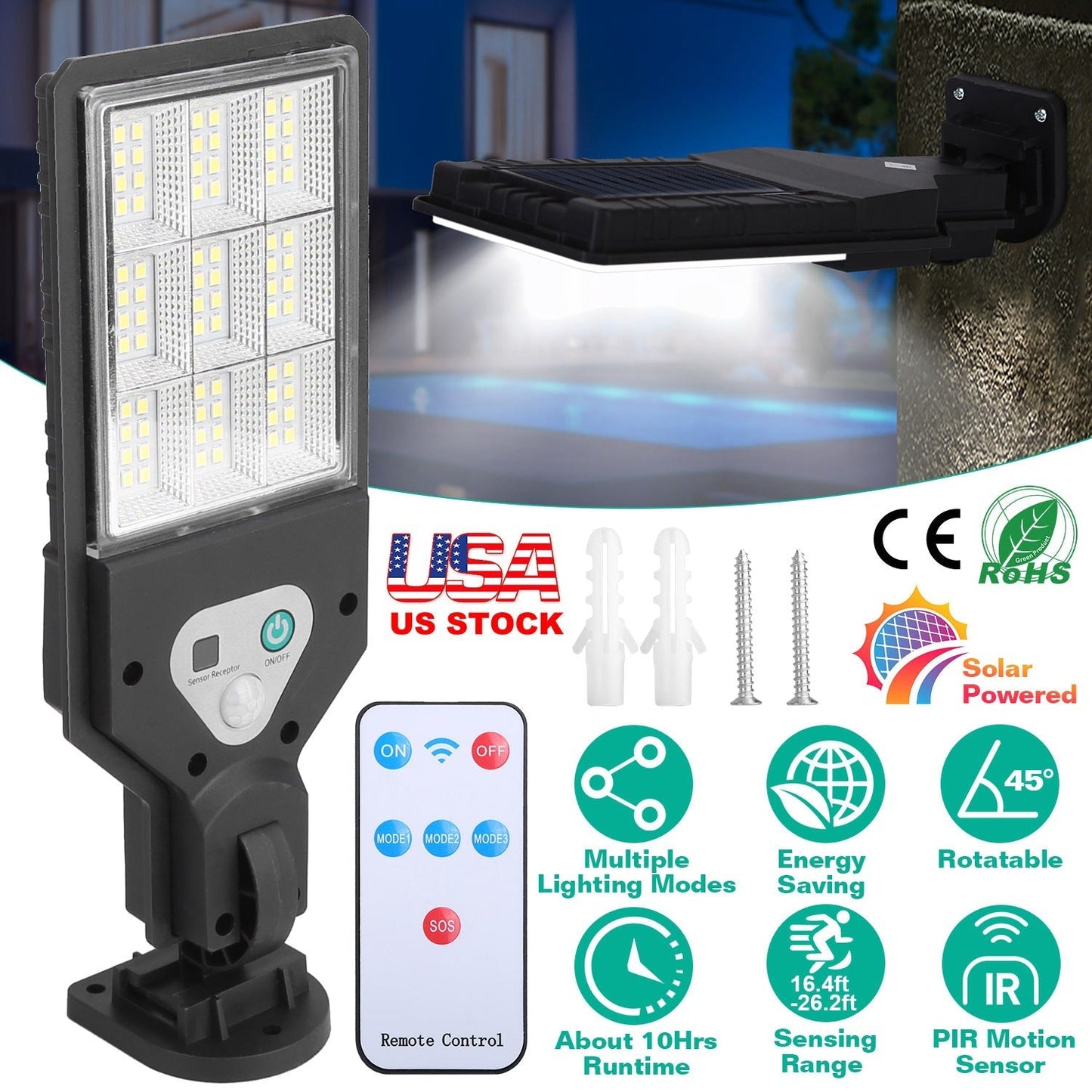 Solar Wall Light Outdoor 72 LED Beads PIR Motion Sensor Remote Control Wireless Lamps IP45 Waterproof Lighting for Garage Front Door Garden Pathway