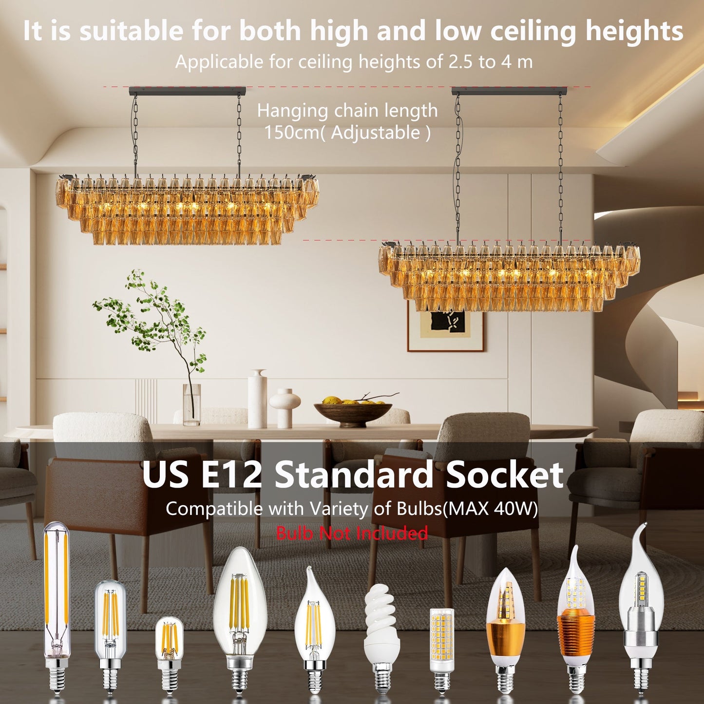 54-Inch Black Rectangular 12-Light Smoke Glass Chandelier