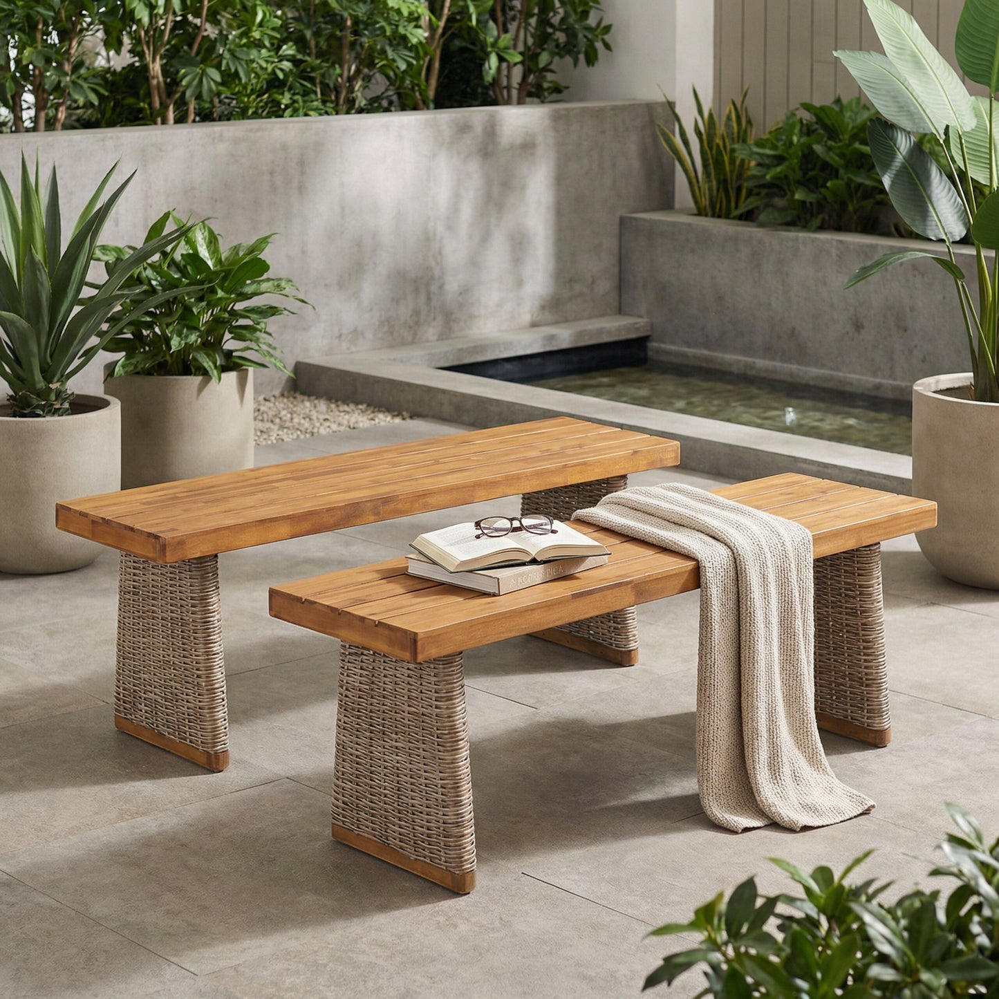 Outdoor Acacia Wood Bench Set of 2 with Teak Finish