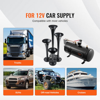 Train Horns Kit, 4 Trumpet Air Horn Kit, 150dB for Pickup Trucks