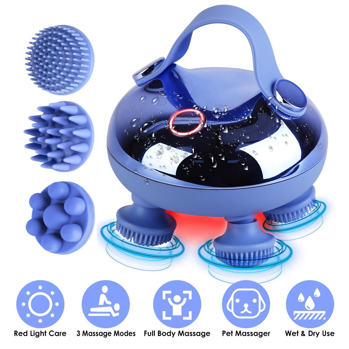 Electric Scalp Massager Rechargeable Head Mssager IPX7 Waterproof Dog Cat Massager with Red Light 3 Modes 3 Types of Massage Claws for Men Women Elder